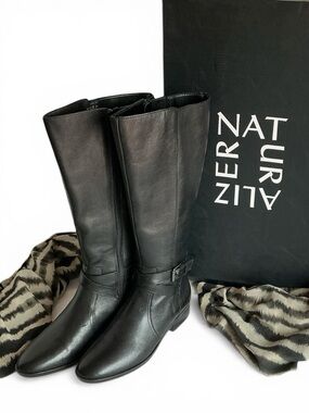 Rena Naturalizer Riding Boots Black Leather Wide Calf Zip Buckle Women's US 6M